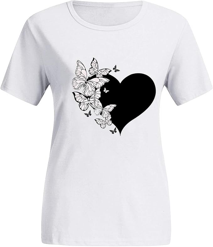 Amazon Tシャツ レディース 半袖 カジュアル ペア カップル ロゴtシャツ Yokino カラフル 蝶 ハート プリントイラスト 韓国風 無地 丸首 ファッション 恋人 出掛け 人気 お洒落 トップス カットソー カジュアルtシャツ 通勤 普段着 夏服 Tシャツ カットソー 通販
