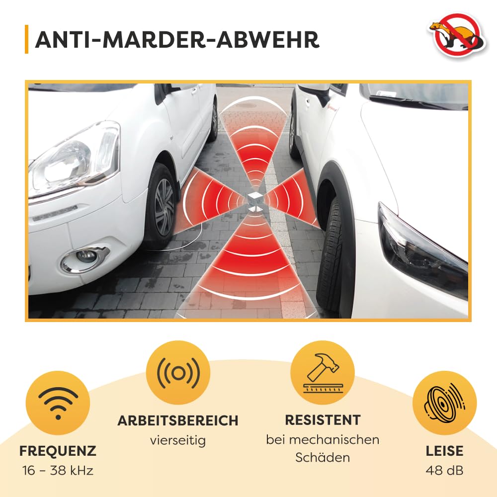 Hermetischer Ultraschall Mardervertreiber Light&Flash – 4 Lautsprecher | Leise 48 dB | Für Parkplatz, Dachboden & Außenbereiche | IP54D