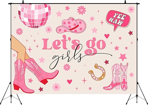 Miniatura 4 de Aperturee Telón de fondo para niñas con texto en inglés "Let's Go Girls" de 7 x 5 pies, diseño de vaquera para cumpleaños, disco espacial Yee Haw