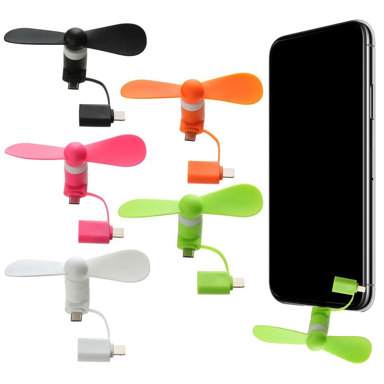 Comioke Mini wentylator do telefonu komórkowego, 5 sztuk, przenośny, mini wentylator do telefonu komórkowego, przenośny, obrotowy, USB, mały, cichy, czarny, biały, pomarańczowy, zielony, różowy