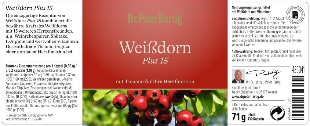 Dr. Peter Hartig Weißdorn Plus 15, unterstützt ihr Herz auf natürliche Weise, Niacin, 120 Kapseln 4-Monats-Vorrat lactose- hefe- und glutenfrei
