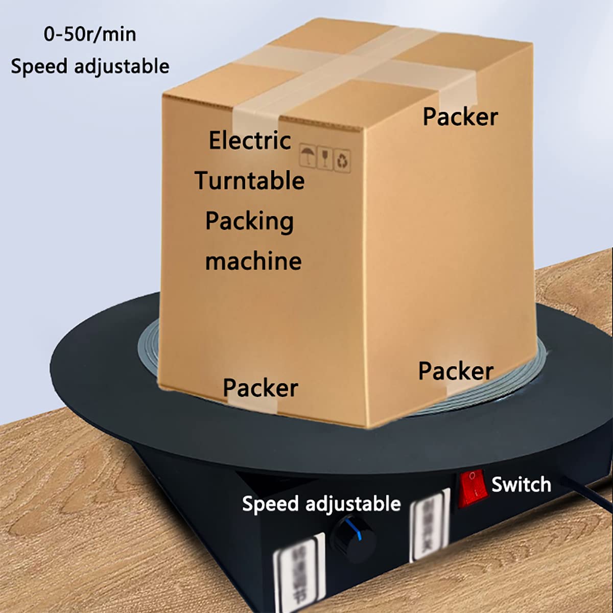 Elektrische Bandwickelmaschine Drehteller, kommerzielle Plattenspielerpacker, stufenlose Geschwindigkeit 0-50 U/min, Lager 200 kg, Rotary Packer für E-Commerce Express Meeresfrüchte, Obst,