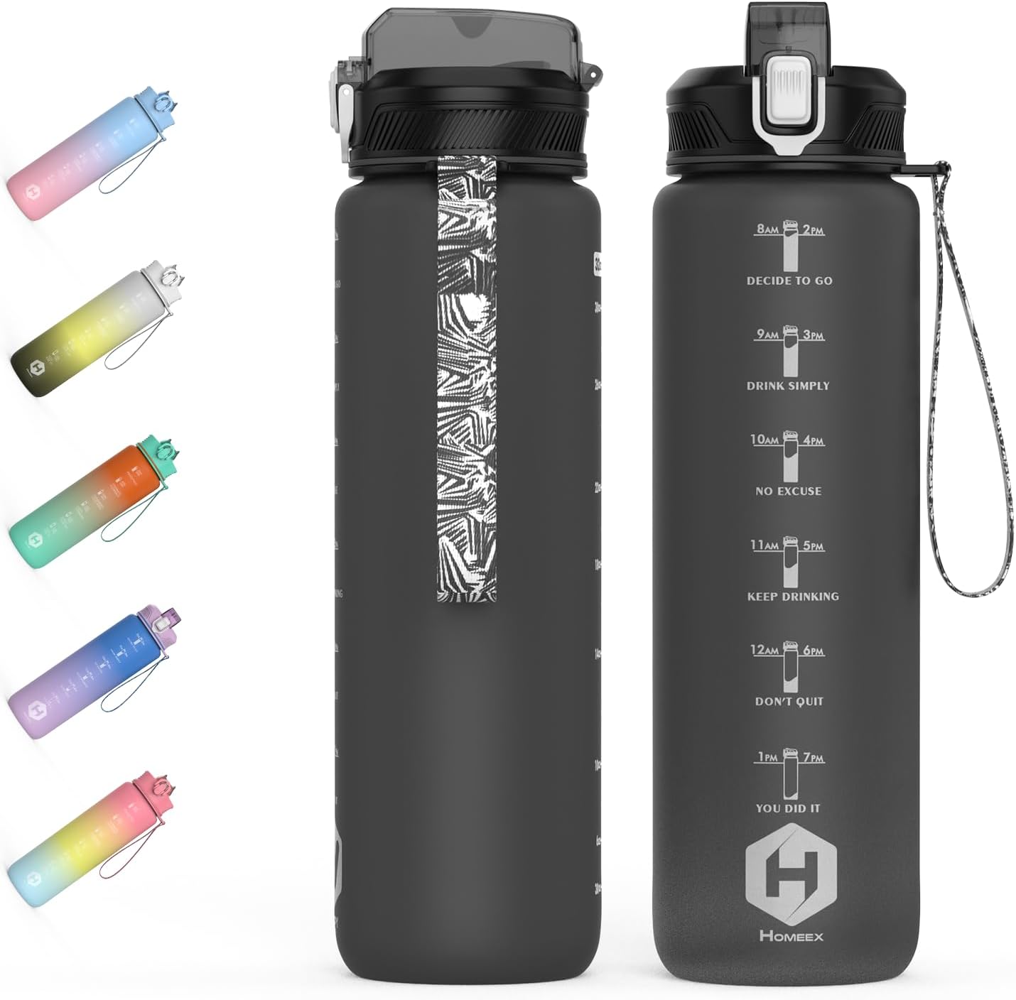 HOMEEX 1 Litre Water Bottle Motivational Fitness Sport Water Bottles with Straw & Time Maker, BPA-free Plastic Drink Bottle 2l Design for,Gym (Black)