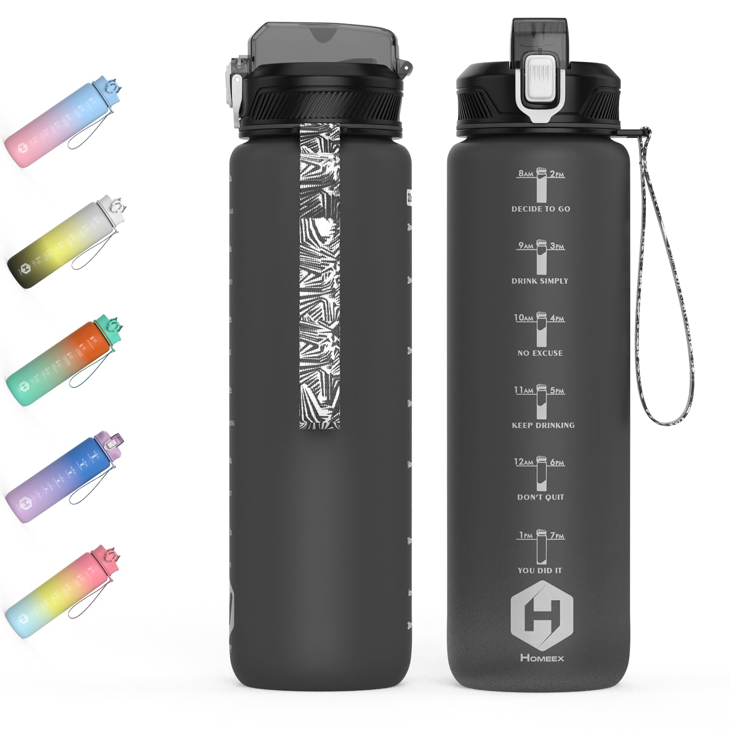 HOMEEX 1 Litre Water Bottle Motivational Fitness Sport Water Bottles with Straw & Time Maker, BPA-free Plastic Drink Bottle 2l Design for,Gym (Black)