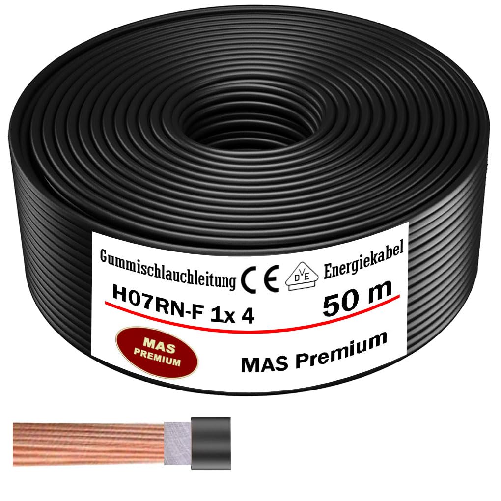 MAS Premium Przewód gumowy 5-500 m, kabel zasilający do budowy H07RN-F, 1 x 1,5, 4, 6, 10, 16, 25, 35, 50 i 2 x 1, elastyczny przewód do ciężkich urządzeń (H07RN-F 1 x 4 mm², 50 m)