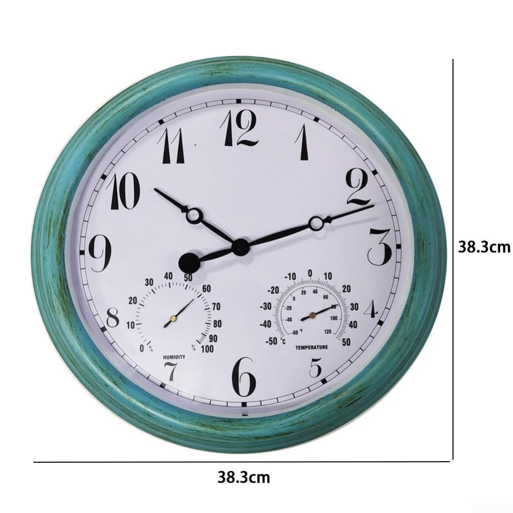 Reloj de pared para exteriores de 15 pulgadas, resistente a la intemperie, termómetro higrómetro de plástico verde, esfera grande