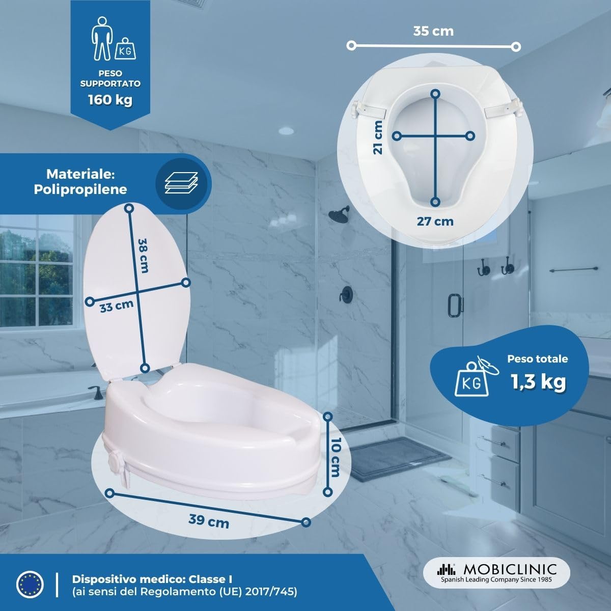 Mobiclinic®, Rialzo wc per Anziani, Altezza 10 cm, Alza water, Con coperchio, Mobilità ridotta, Sistema di fissaggio laterale, Ausili, Bianco, Titán