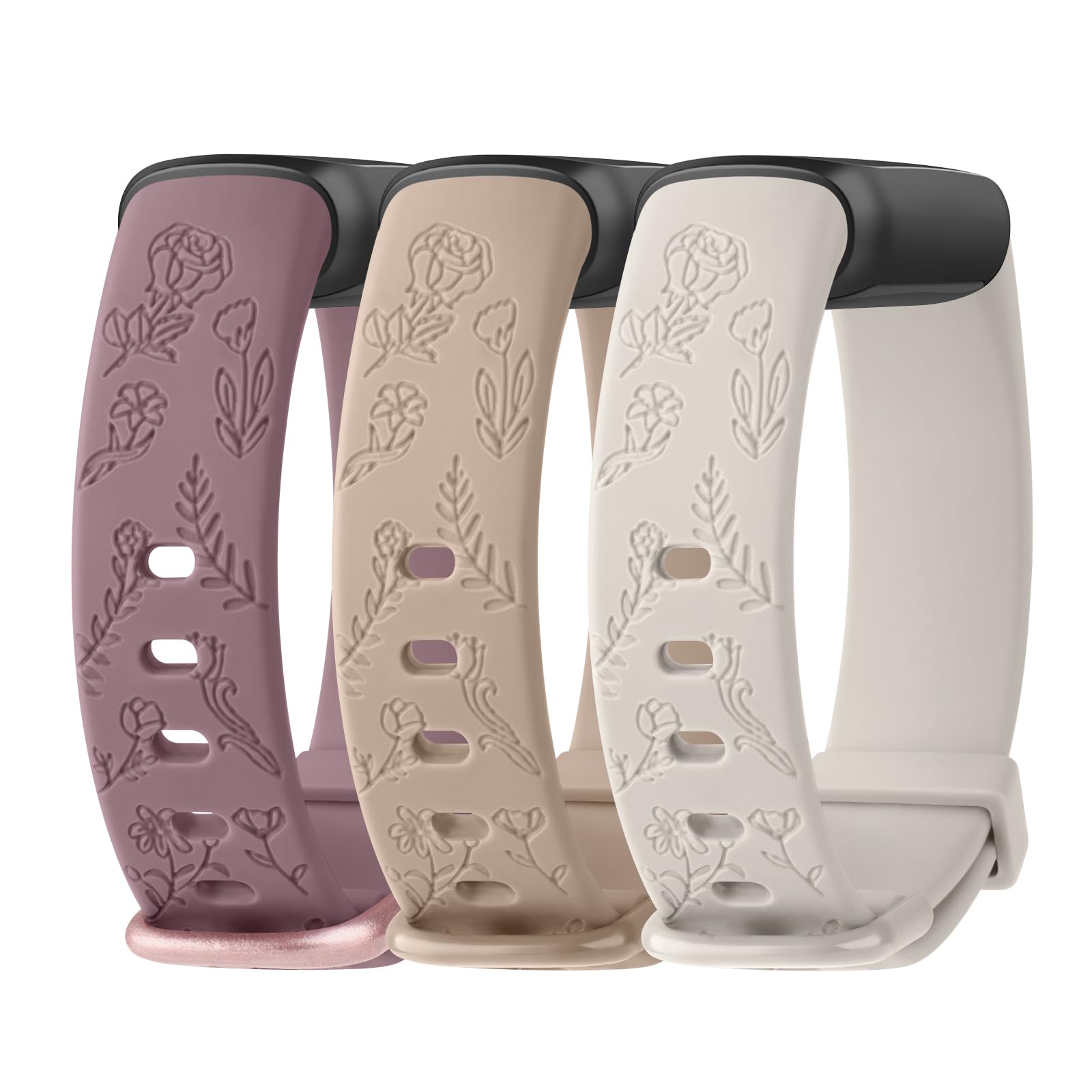 3 Pack Bands Compatible with Fitbit Luxe Bands for Women, Floral Engraved Flower Pattern Silicone Sport Wristband Replacement Strap for Fitbit Luxe/Luxe Special Edition Fitness Tracker (Large, Smoke Purple+Mik Tea+Starlight)