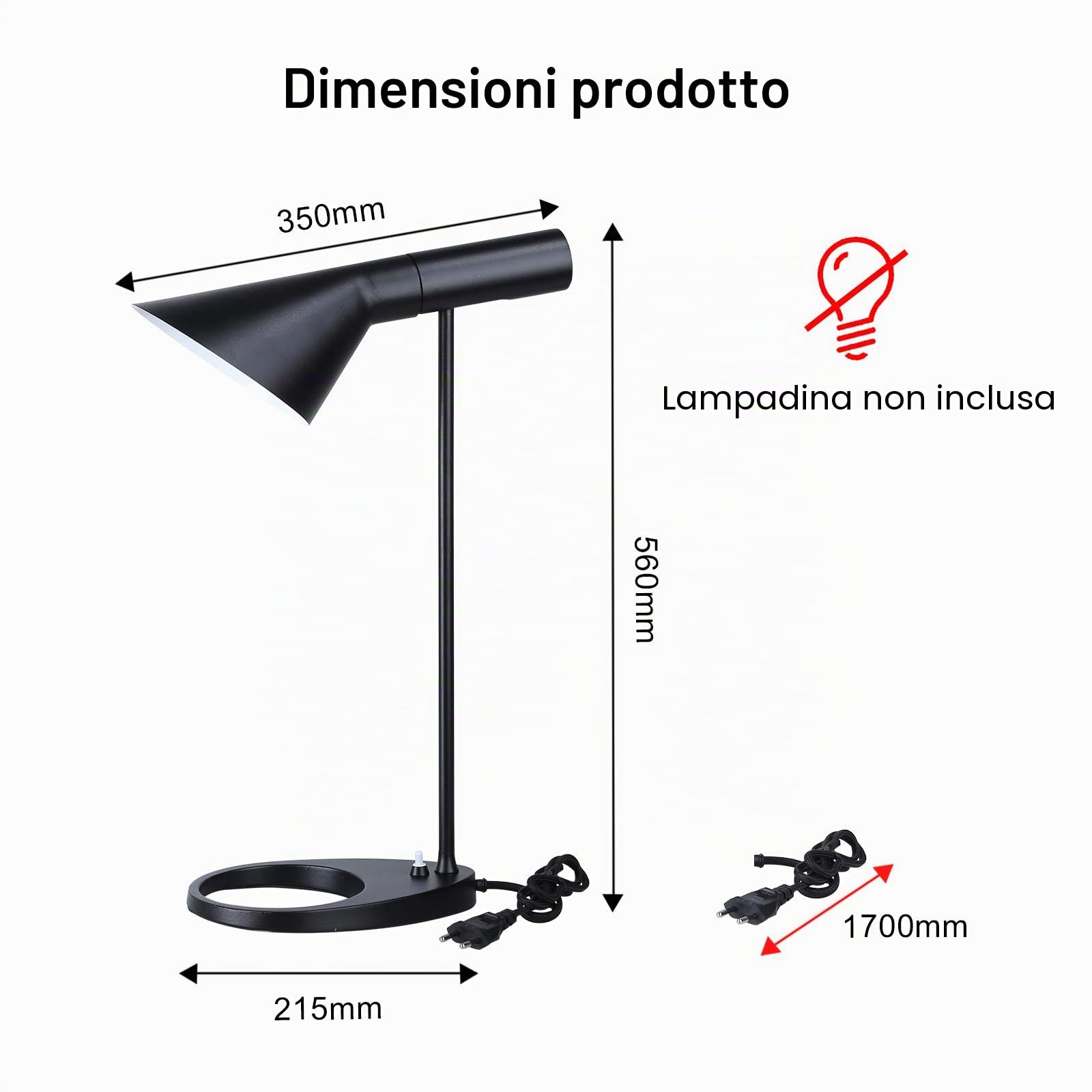 BARCELONA LED Marlene Lampada Tavolo Nera E27 Orientabile Design | Alluminio, 220x320x550mm, elegante finitura nera, stile retrò anni 50, cavo 1270mm, uso interno