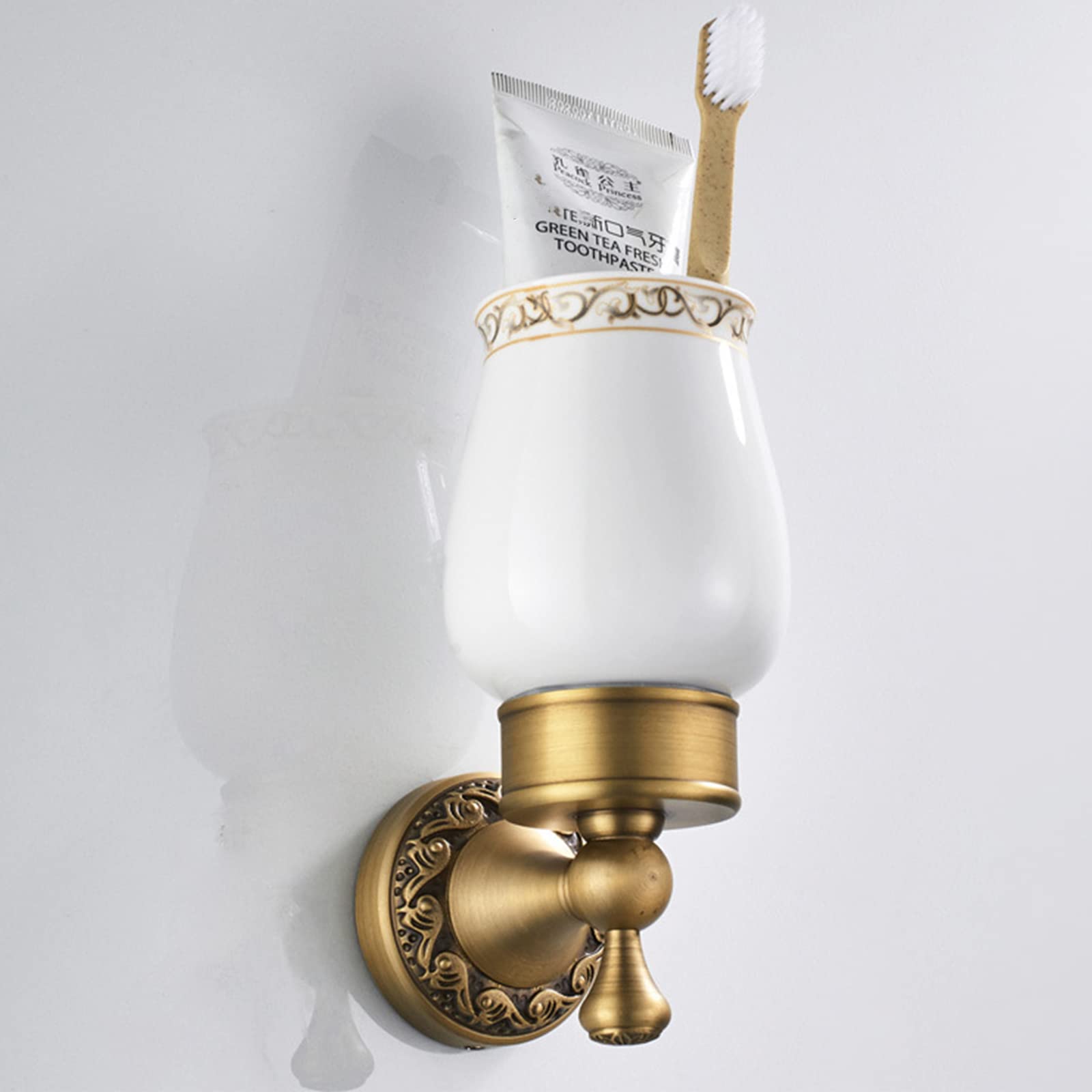 Soporte para Cepillos De Dientes, Soporte para Cepillos De Dientes De Latón Antiguo con Taza De Cerámica, Soporte para Cepillos De Dientes Montado En La Pared con Base De Flores Impresas