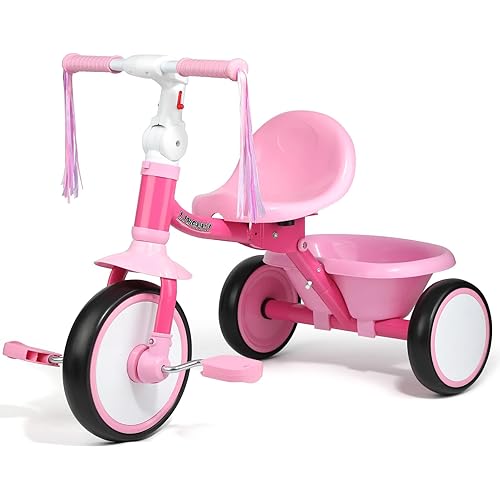 Liberry Foldable Toddler Tricycle Age 2 3 4 Years Old, Kids Trike with Adjustable Seat, Basket & Streamers, 3 Wheel Bike Riding Toy Birthday Gift for Girls Boys, Pink