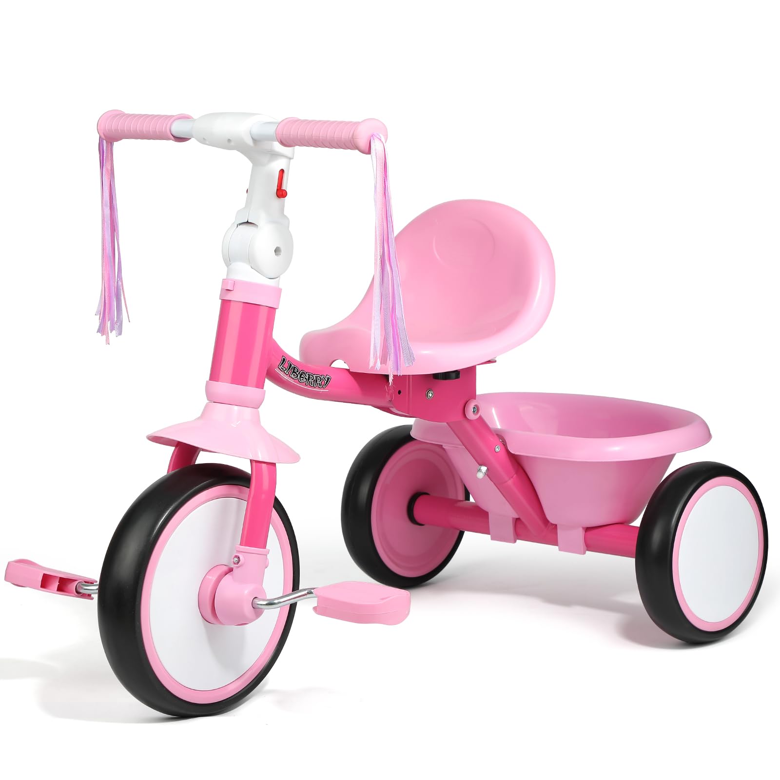 liberry foldable toddler tricycle age 2 3 4 years old, kids trike with adjustable seat, basket & streamers, 3 wheel bike riding toy birthday gift for girls boys, pink