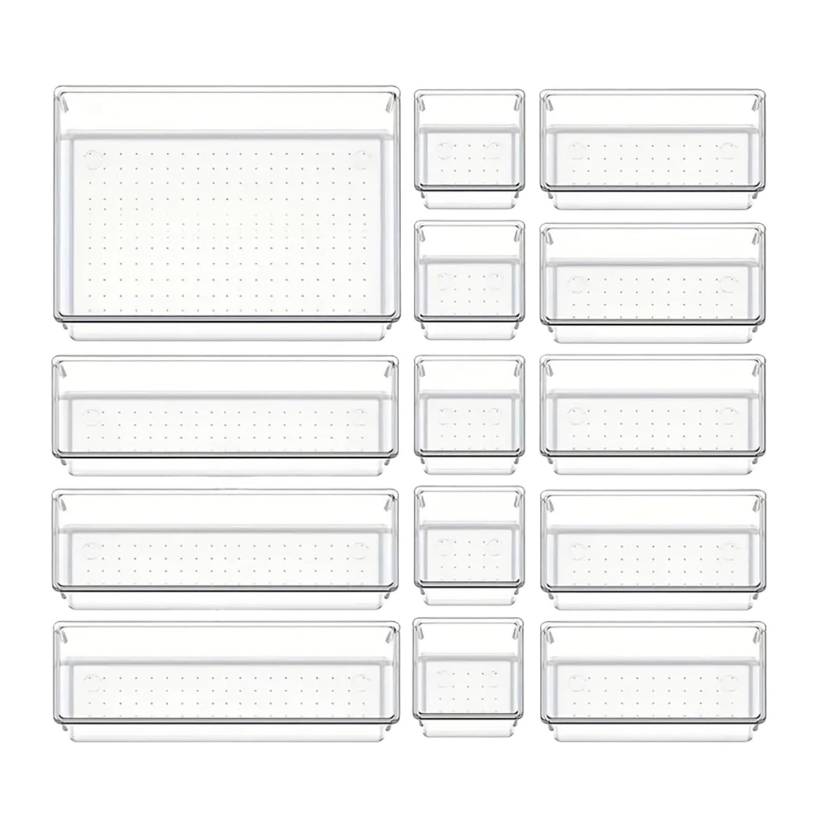 ZHSOAO Versatile Drawer Organizer Set Clear Plastic Trays and Dividers in 4 Sizes for Makeup and Kitchen Storage for Bras, Socks, Underwear(14PCS)