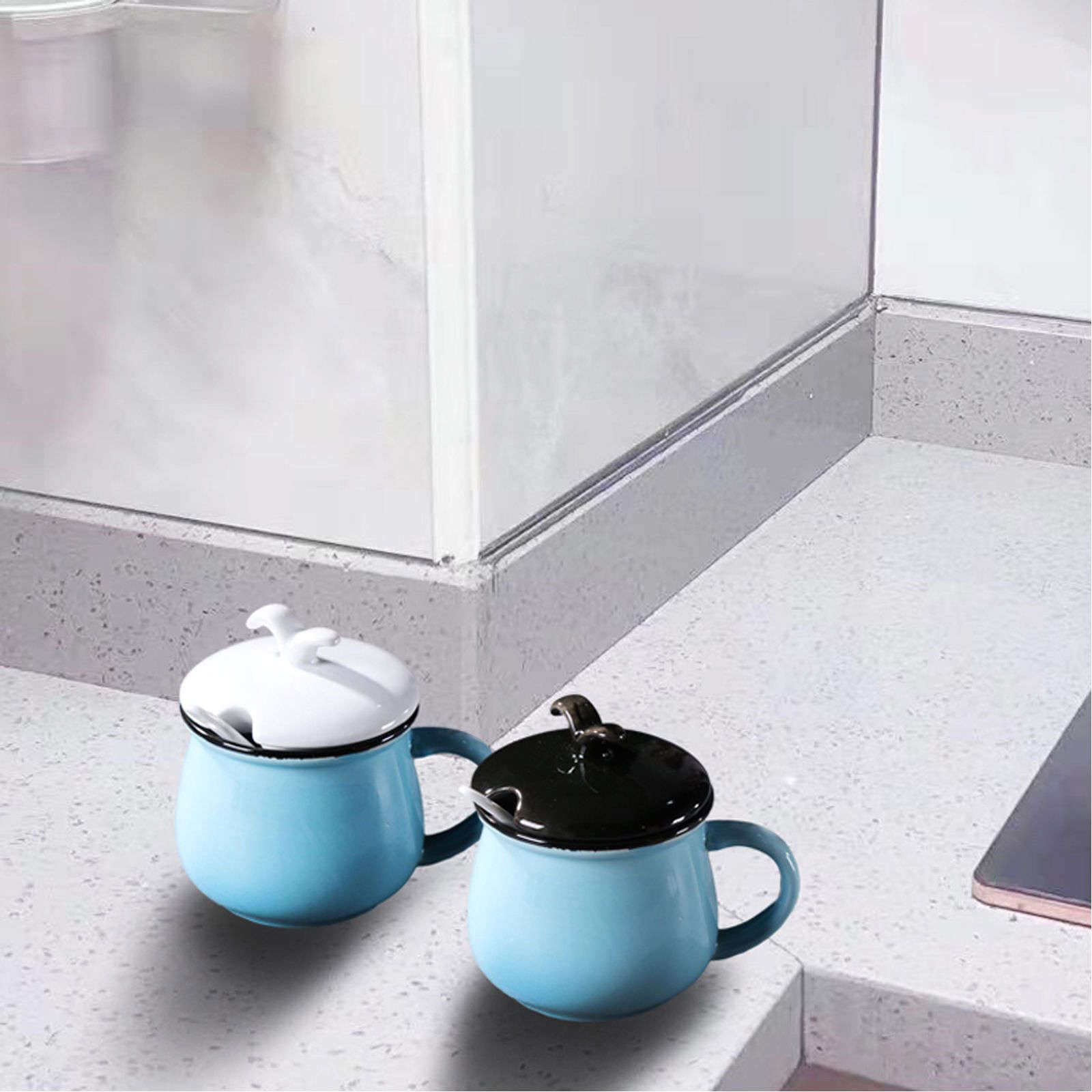 pojemnik na cukier， Słoiki na przyprawy, europejska cukiernica w jednolitym kolorze z pokrywką, uroczy słoik do przechowywania, porcelanowa cukiernica z łyżeczką, mały garnek na sól(Light Yellow)