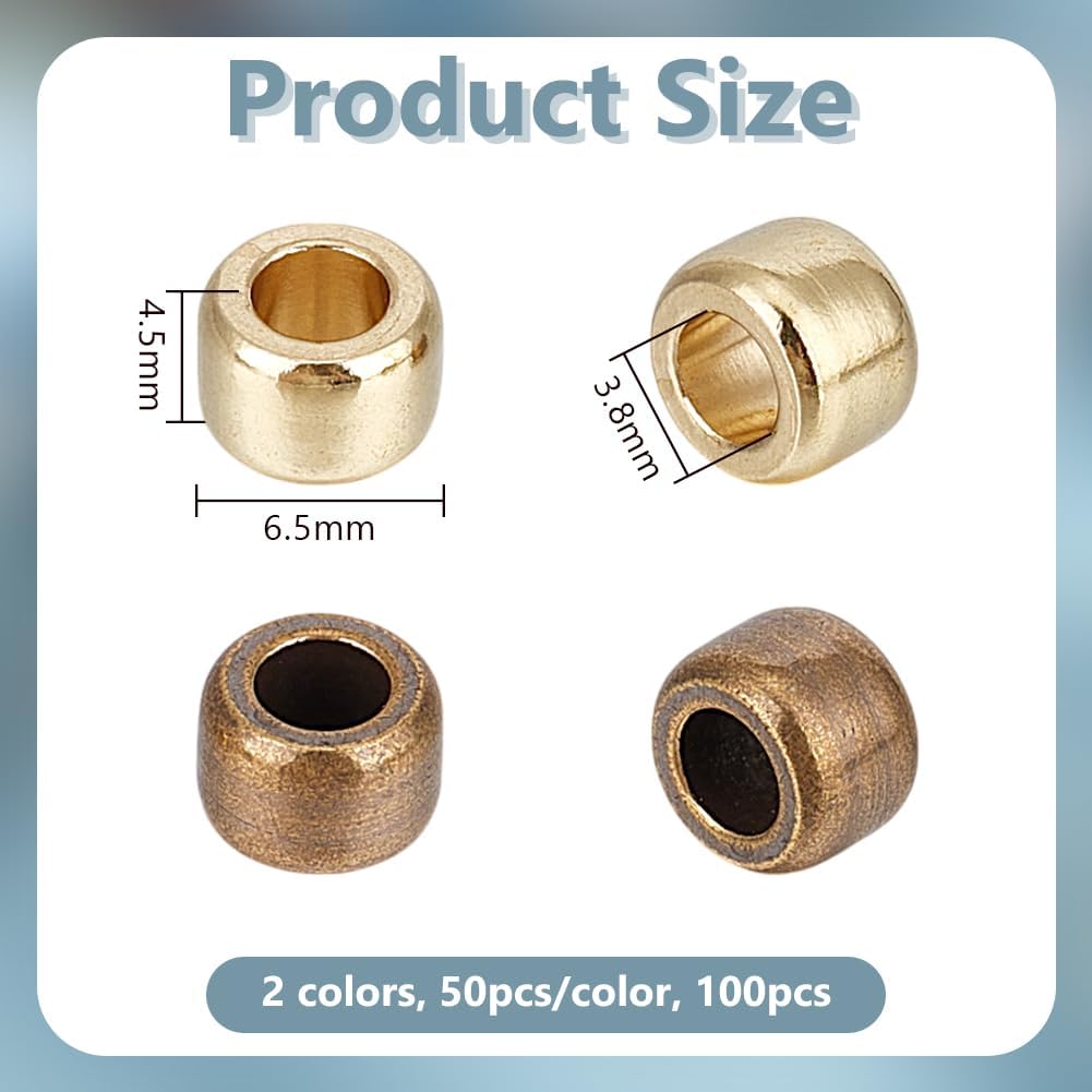 OLYCRAFT 100Pcs 2 Colors Brass Lanyard Beads 3.8mm Hole Brass Paracord Beads Column Spacer Beads Large Hole Beads Brass European Beads Gold Brass Barrel Paracord Beads for Bracelet Jewelry Charms - Image 2