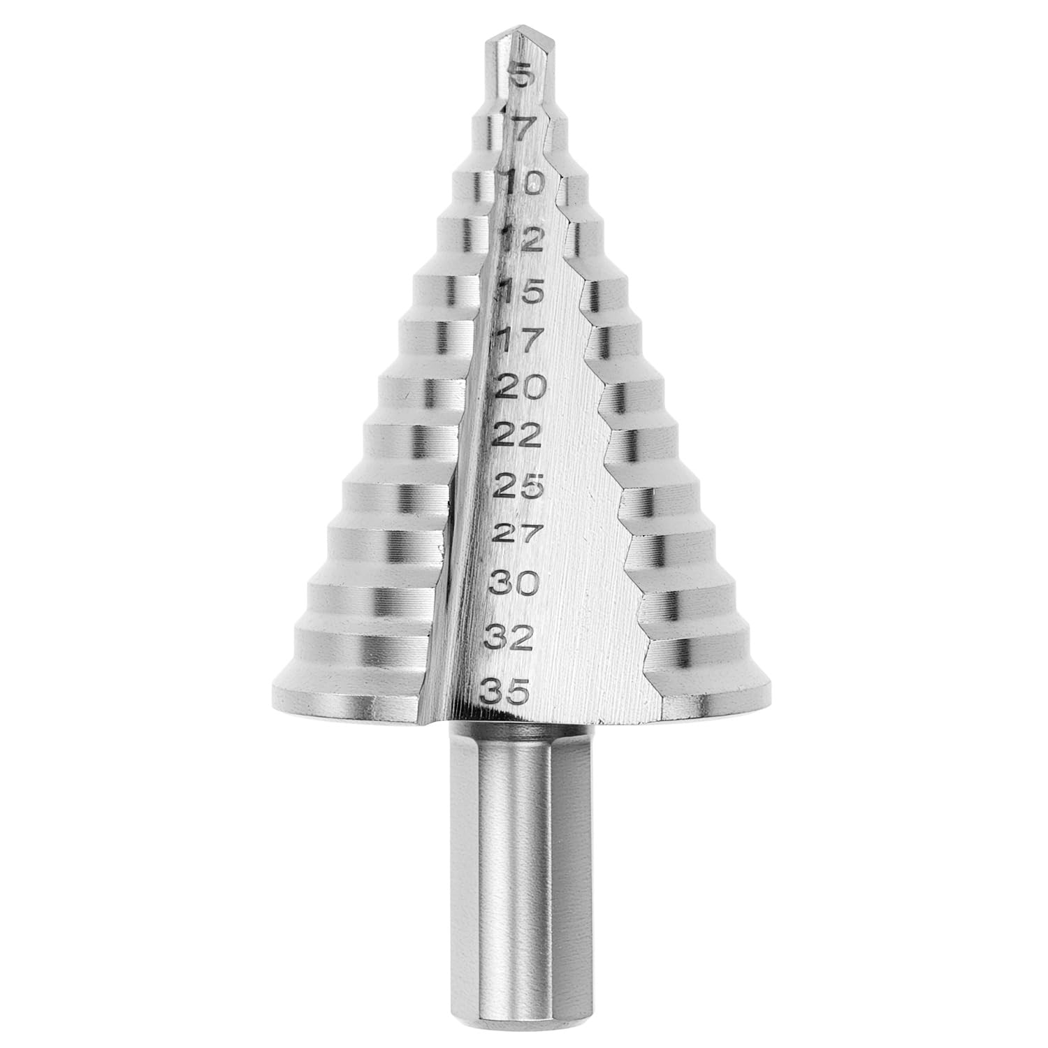 QWORK® Fresa a Gradini Ø 5-35mm (13 Livelli), HSS 4241, Rivestimento in Titanio - Albero Triangolare da 9.5mm - Per Alluminio, Ferro, Legno, e Plastica
