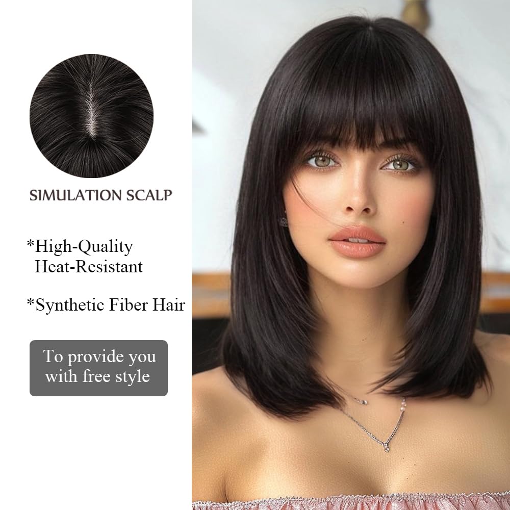 Parrucca Bob Nero con Frangetta Parrucca Corta Dritta per Le Donne Parrucche Di Capelli Sintetici per La Festa Quotidiana Cosplay Indossare