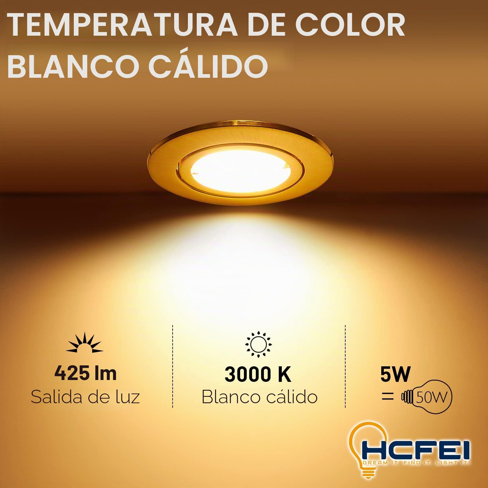 HCFEI - Lote de 3 focos LED empotrables, totalmente orientable, dorado con bombilla GU10, módulo 220 V, 5 W, regulable, blanco cálido, taladrado 68 mm