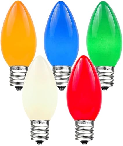 Novelty Lights Paquete de 25 bombillas de repuesto de cerámica C9 para exteriores, multicolor, base intermedia E17C9, 7 W