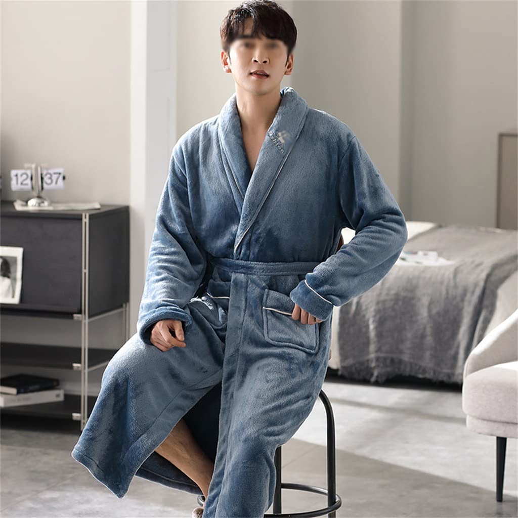 Albornoz de Franela de Invierno for Hombre con Aislamiento de Terciopelo Grueso, Ropa de casa, Albornoz y camisón(Medium)