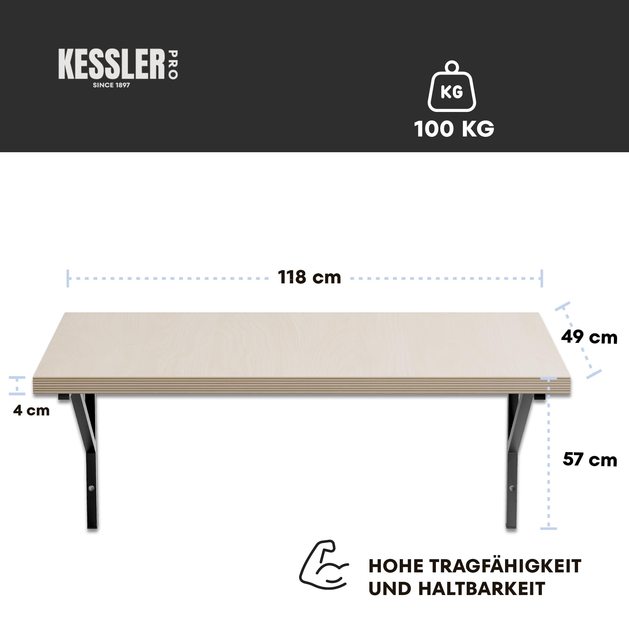 Hängende Werkbank 120x49 cm - Werktisch auf Zwei Metallstützen mit Arbeitsplatte aus Sperrholz 40 mm - Perfekt für Werkstatt und Garage, Weiß Rahmen