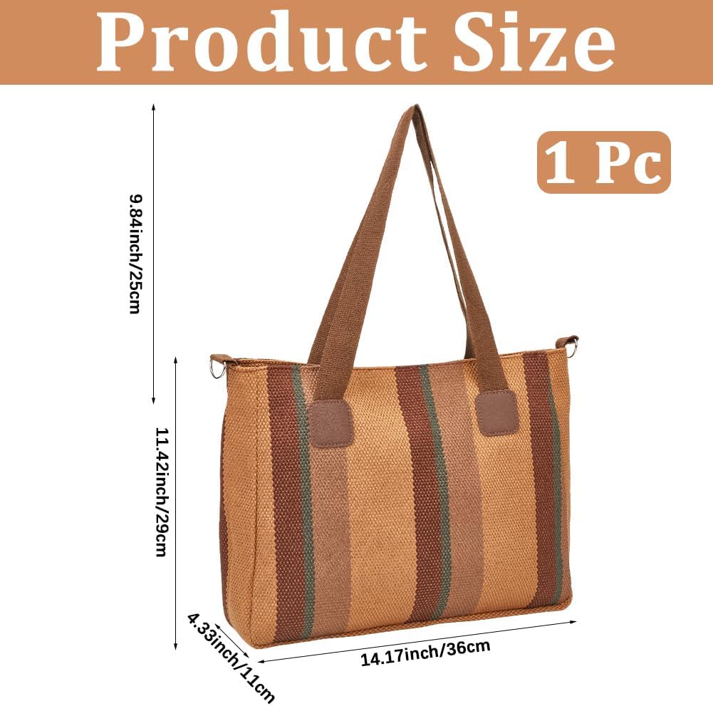 CREATCABIN Striped Canvas Tote Bag Versatile Large Capacity Reusable Beach Shopping Grocery Bag Zipper Shoulder Crossbody Pur - Image 2