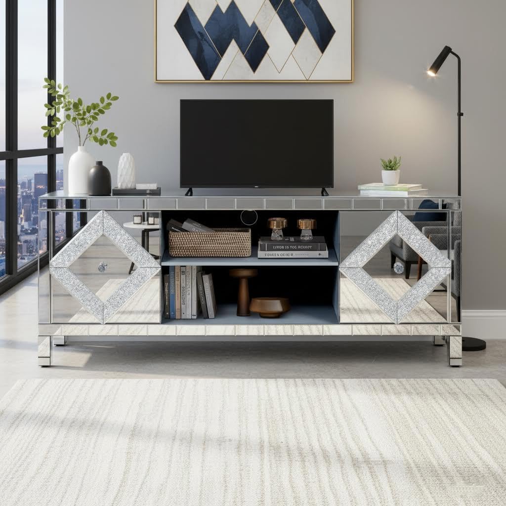 LUMISOL Luxury Mirrored TV Stand with Open Storage & 2 Storage Cabinets, Large Silver TV Console Table with Diamond Sparkling Mirror Doors & Adjustable Shelves