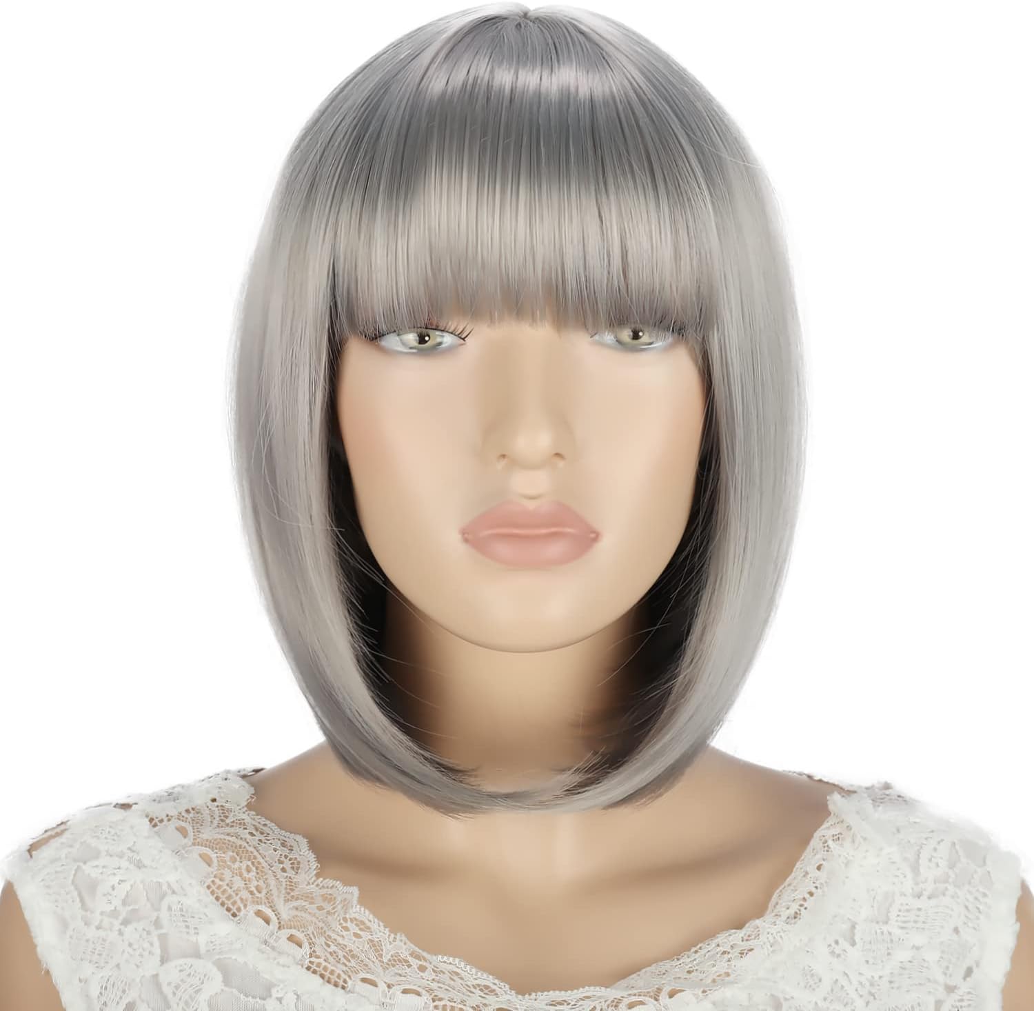 YEESHEDO Women's Short Bob Wigs Straight with Bangs Colorful Hair Cosplay Party Halloween Costume Replacement Heat Resistant Wig for Ladies Synthetic Natural As Real Hair 12"(Silver grey) - Image 4