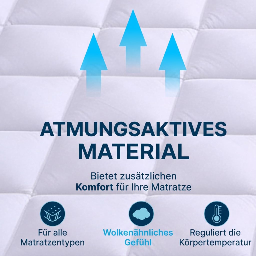 Komfort-Matratzenauflage 160x200 cm - Atmungsaktive Mikrofaser, hypoallergen und milbenhemmend, 800 g Füllung - rutschfest mit Gummibändern - Ideal für 2 Personen.