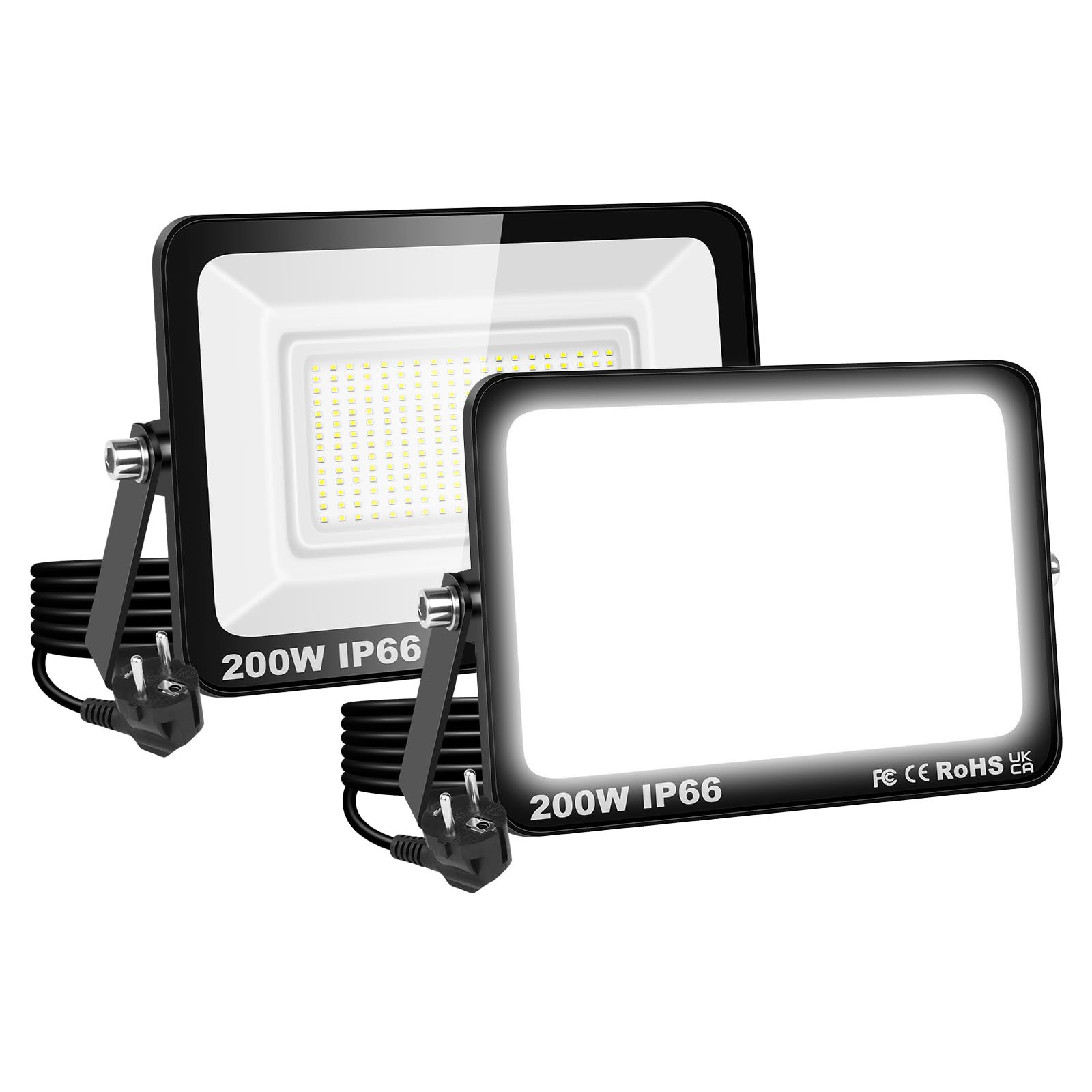 RIGIDON 2 Pcs Focos led exterior, 200W 20000LM foco exterior con enchufe, foco proyector led 6000K Blanco Frío IP66 impermeable luz de seguridad floodlight para Casa, Garaje, Patio, Jardín, Terraza