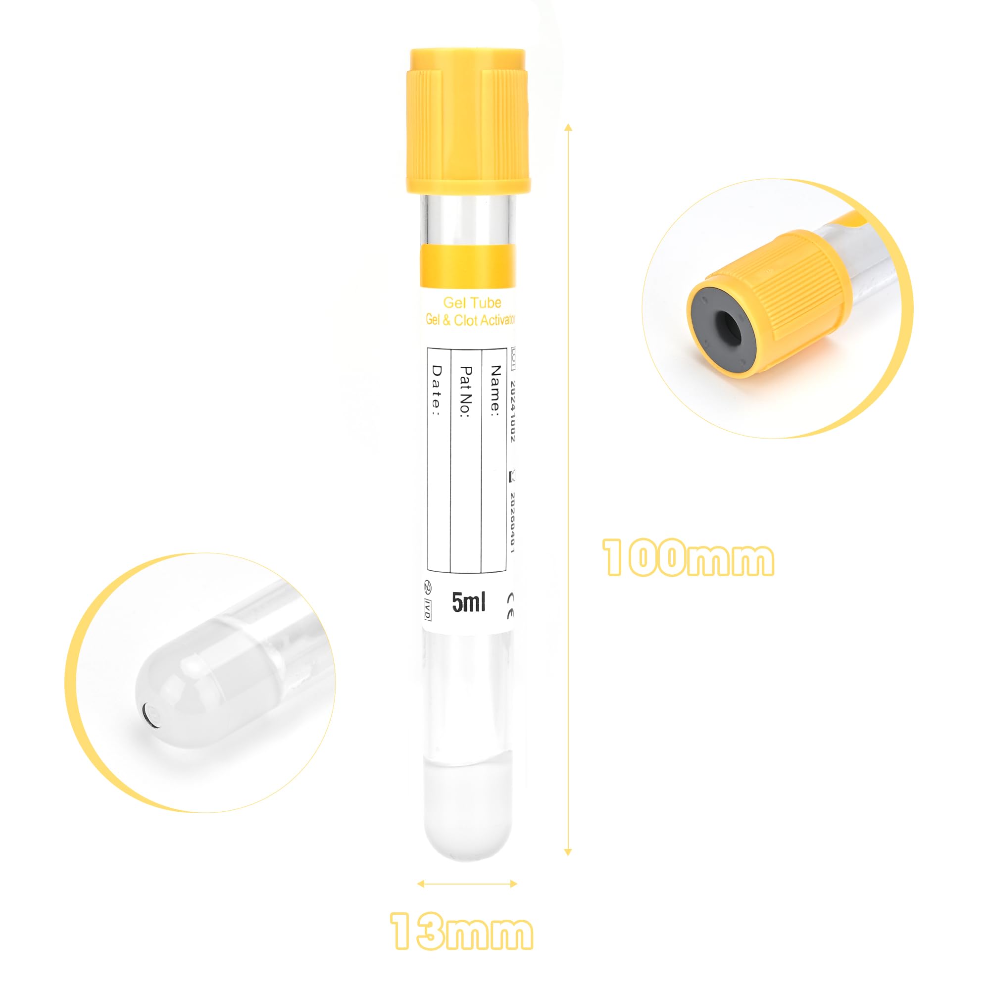 Vacutainer - Tubos de recolección de sangre de 5 ml, tubo de coágulo de gel, tubo de recogida al vacío para tubos de ensayo de laboratorio, animales de mascotas, veterinarios, 100 unidades