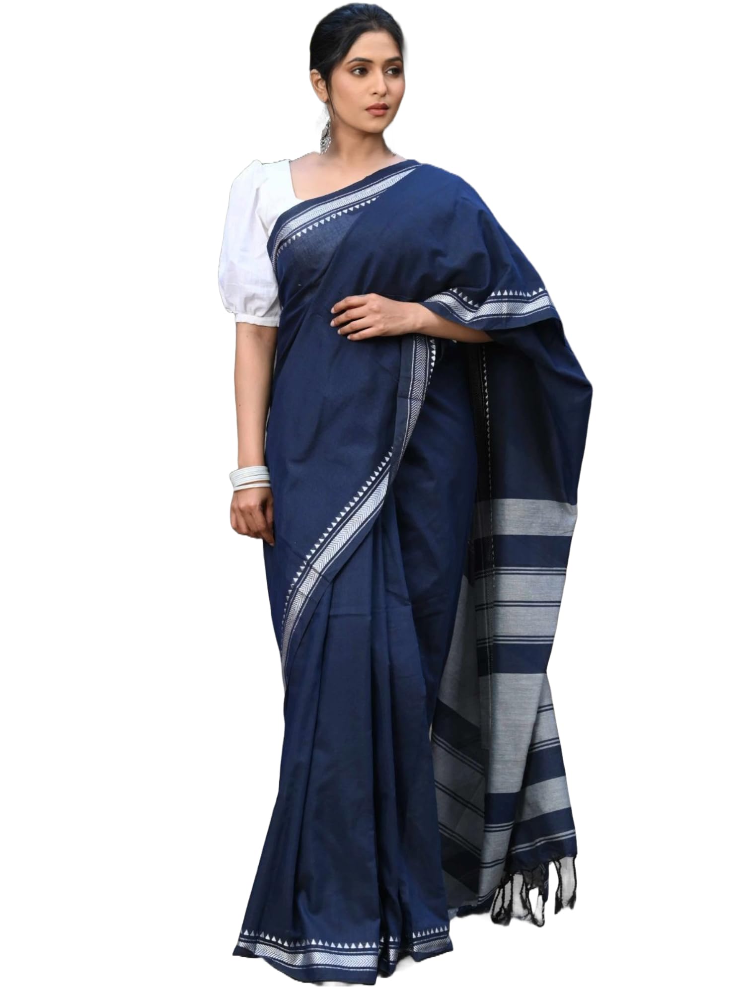 Womens Cotton Blend Handloom Khadi Small Border Saree With Unstitched Blouse Pices By Saptak Fashion 5.5M Saree & 0.8M Cotton Blouse Pices.-image-0