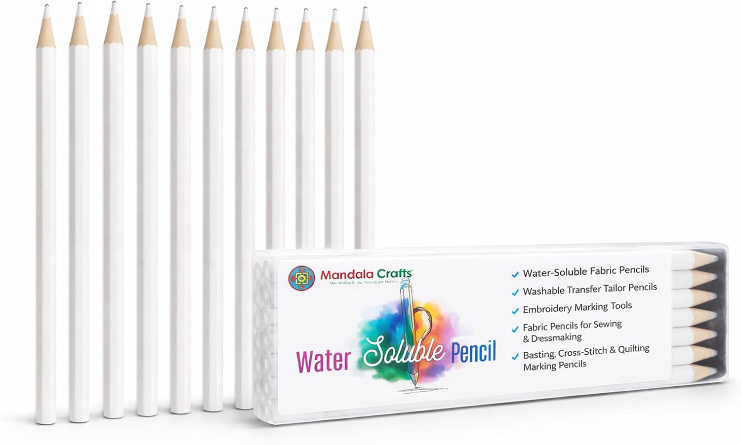 Mandala Crafts 12 White Water Soluble Fabric Pencils for Sewing – Washable Transfer Tailor Marking Pencils & Fabric Marking Tool for Embroidery, Quilting, Dressmaking