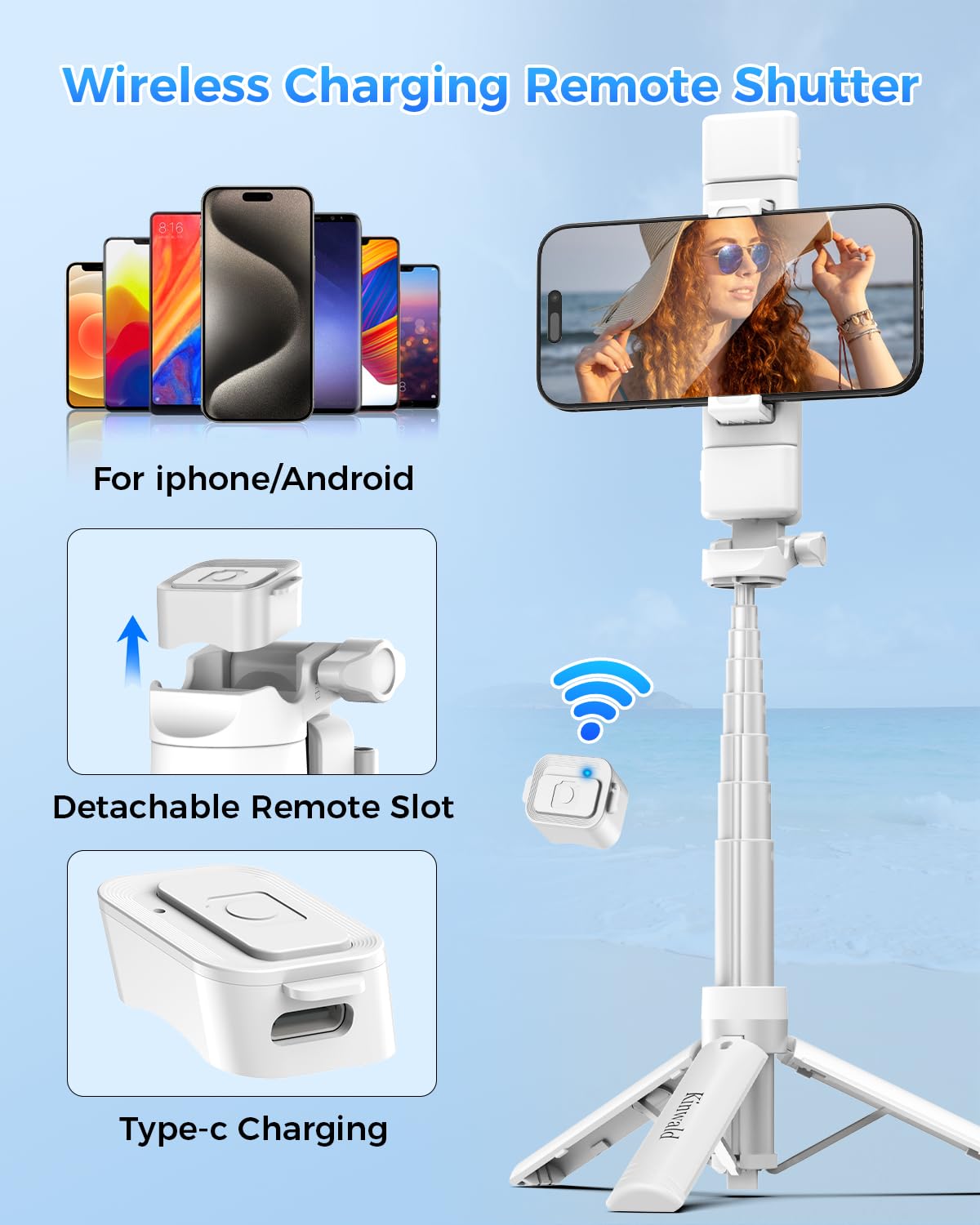 Treppiede per telefono 3 in 1 con luci LED e telecomando, supporto estensibile per selfie, compatto, portatile, con telecomando Bluetooth per iPhone/Android, vlogging e fotografia (bianco)