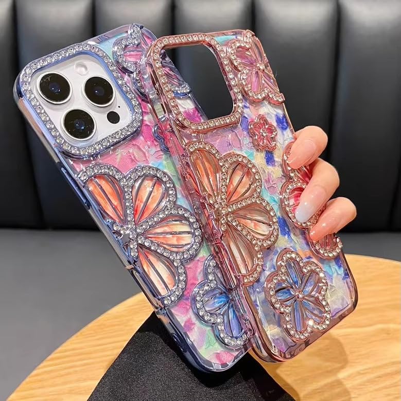 Image of COVERLY Luxury 3D Rhinestone Floral Diamond Bling Phone Case for iPhone 12 Pro - Sparkling Oil Painting Flower Glitter Cover, Electroplated TPU, Cute Camera Protection Cover for Women & Girls (Silver)