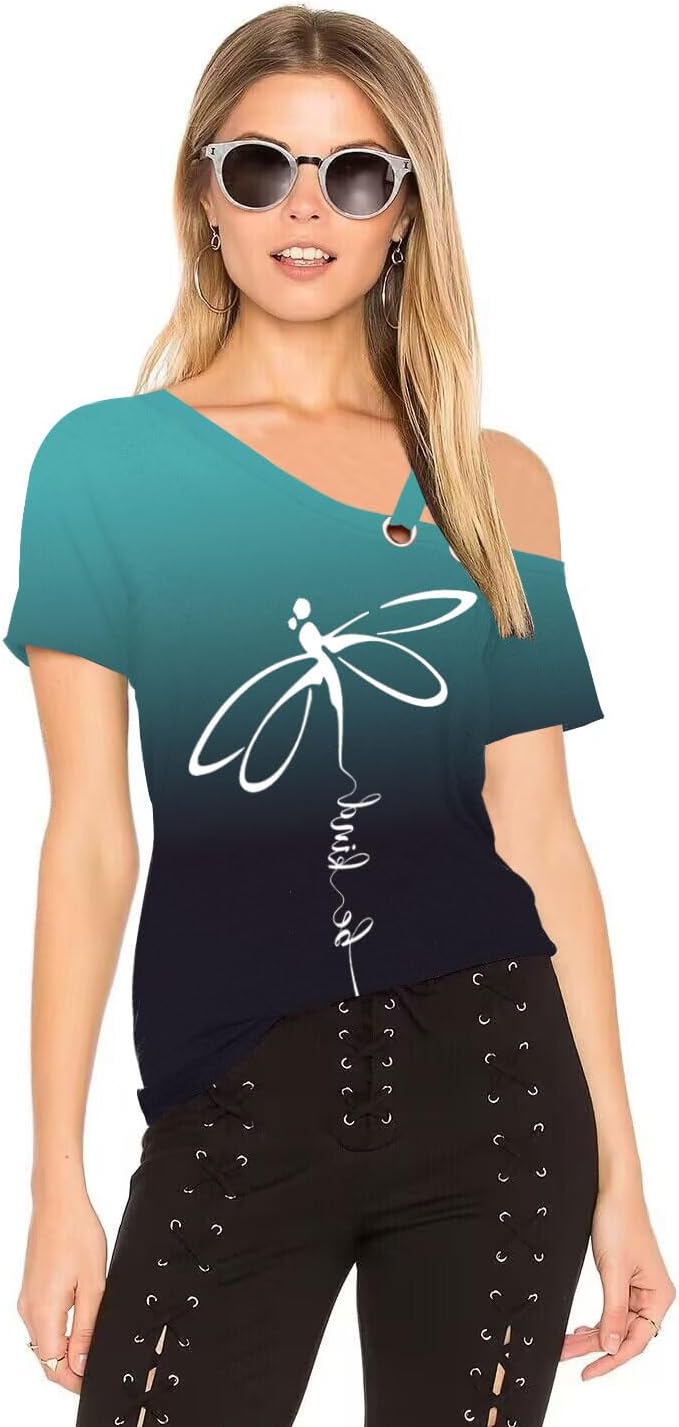 Womens Summer Trendy Cold Shoulder Short Sleeve T Shirts Criss Cross Casual Loose Tunic Shirts Tops Blouses - Image 2