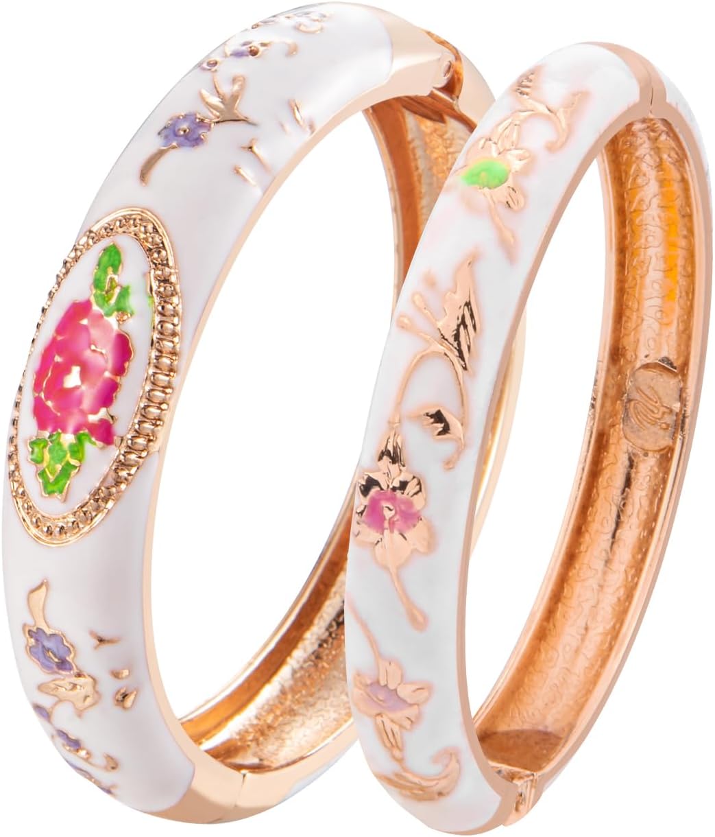 UJOY Vintage Cloisonne Jewelry Handcrafted Bracelets Gorgeous Enameled Flower Plated Cuff Bangles Gifts 88A