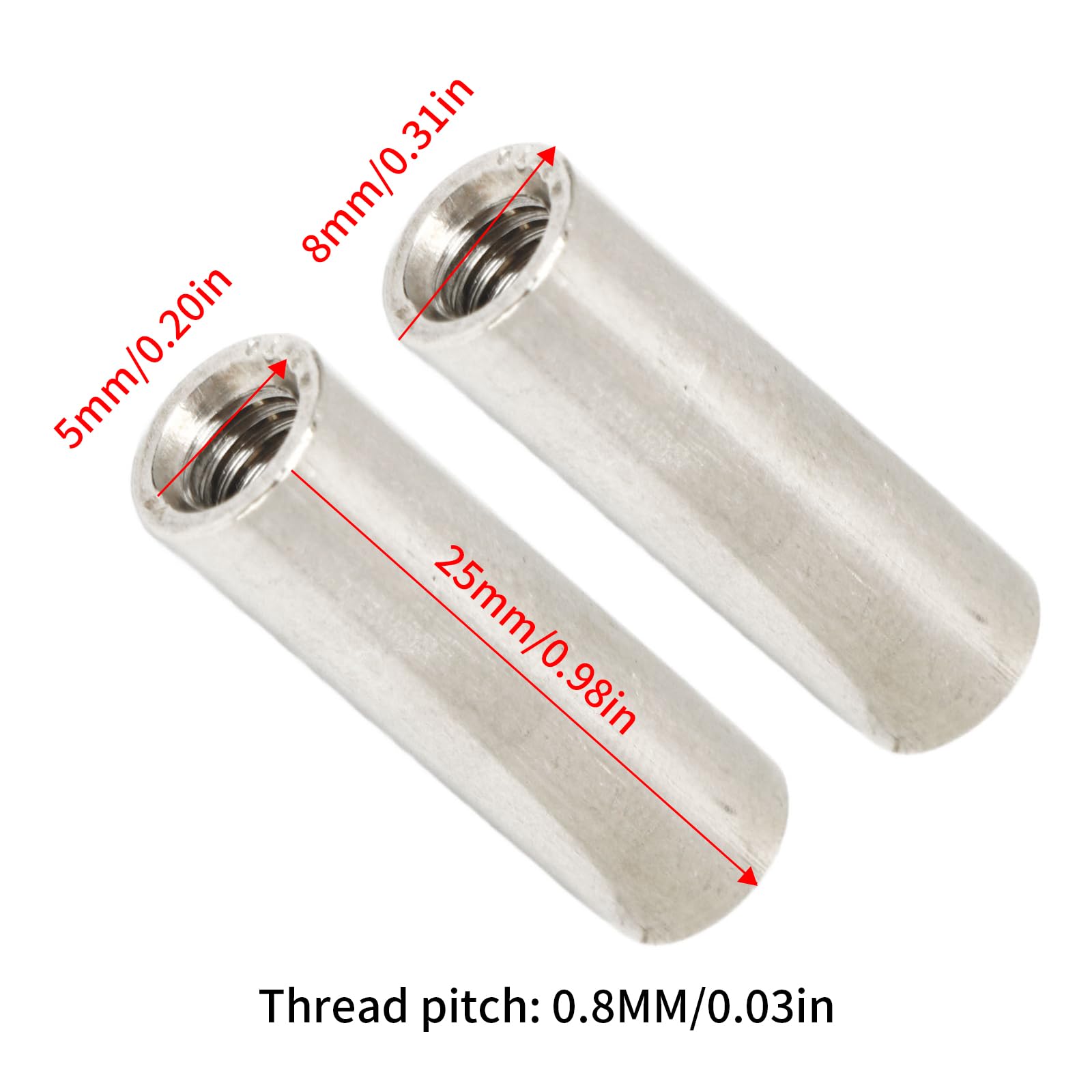 Pack of 20 M5 x 0.8-Pitch 25mm Length Round Coupling Nut 304 Stainless Steel Female Fully Threaded