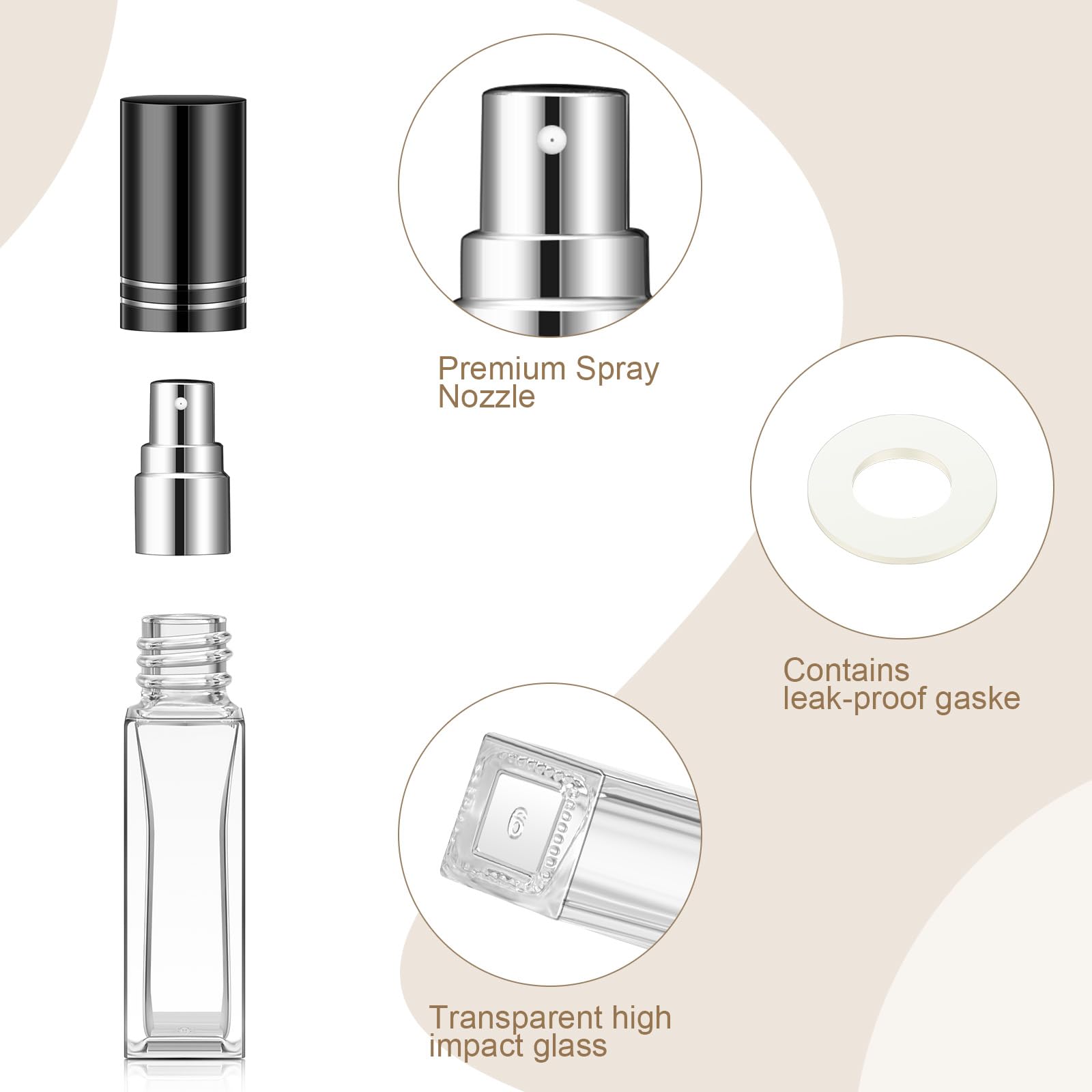 Domensi Glas-Parfüm-Reiseflaschen, nachfüllbar, Mini-Parfümflaschen, leer, kein Auslaufen, Reisegröße, Zerstäuber, Spray, transparent, Probenspender, Gold, Silber, Schwarz, 8 ml