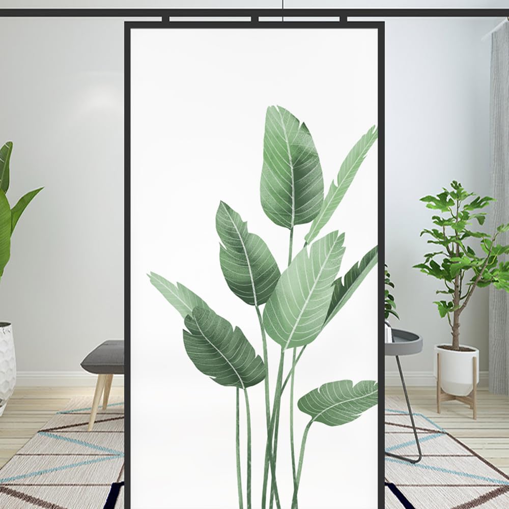 Privacy Window Film Tropical Plant Leaf Print Stained Glass Static Cling Window Treatments Window Coverings Glass Sticker Decorative Film for Siding Glass Door Home Decor 17.7"x23.6"(45x60cm)