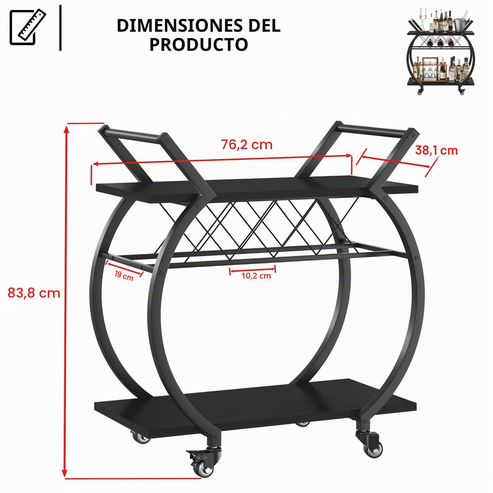 LVB Carrito Bar Negro, Carrito para Bebidas Moderno, con Ruedas, Madera y Metal, Estante Incluido, Cocina o Comedor