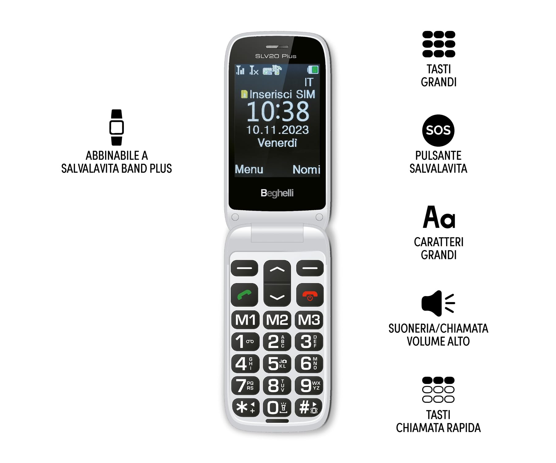 Beghelli - Telefono Anziani Salvalavita SLV20 Plus, Conchiglia gsm con Tasto SOS e Chiamata Rapida, Cellulare con Grandi Tasti, Volume Alto, Display 2.8", Torcia, Radio, Fotocamera - Colore: Nero