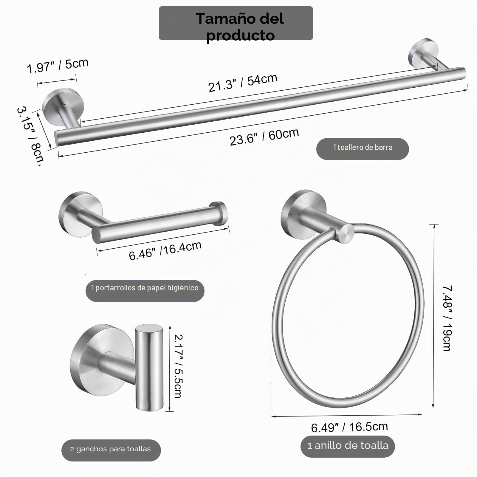 Níquel Cepillado Juego de 5 Piezas SUS304 Acero Inoxidable Toallero Barra de 60 cm Toallero Anillo Gancho Albornoz Montaje en Pared Accesorios de Baño para Baño Moderno