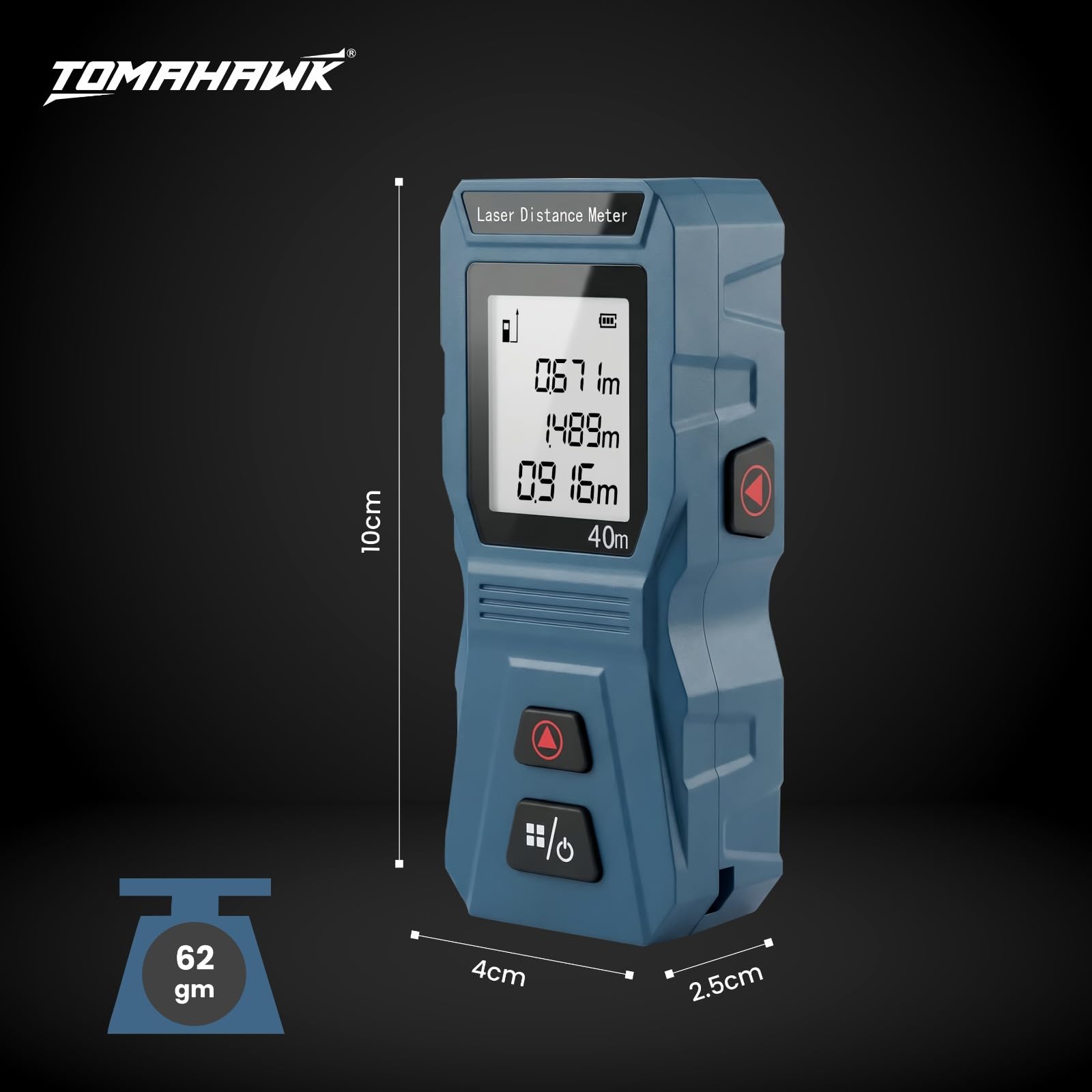 TOMAHAWK® TLM-O-40 Laser Distance Meter Measurer 131Ft/40M with Area, Volume and Pythagoras Measurement - Water and Dust Resistant Laser Measuring Device with Backlit LCD, Battery Included 4