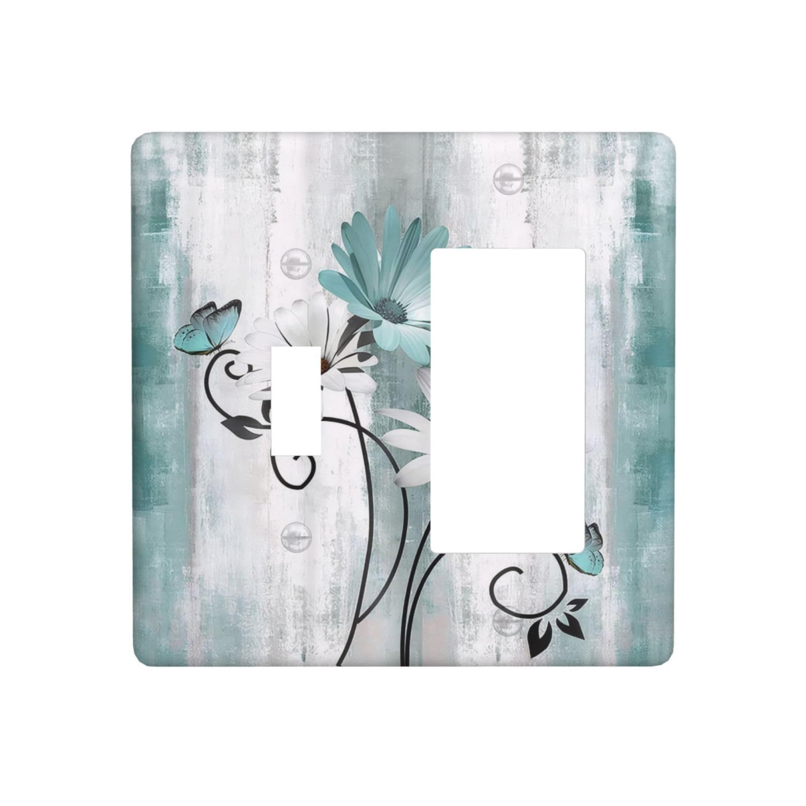 Thsanju Teal Daisy Floral and Butterfly on Vintage Farmhouse Wood Plank 2 Gang Light Switch Cover Decorative Combination Toggle Rocker/Decora Wall