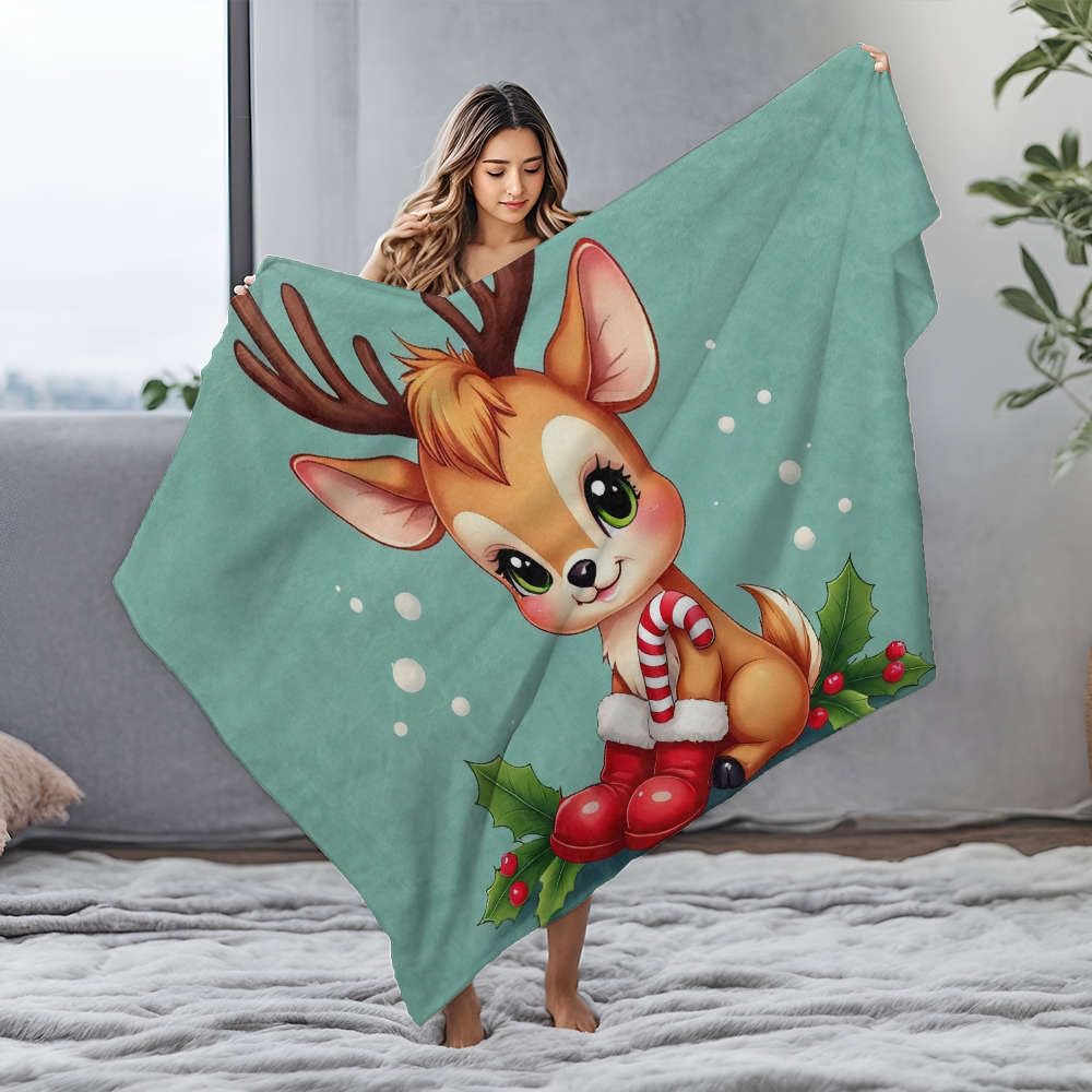 Biały koc uroczy renifer w czerwonych butach i trzymający flanelowy koc z laski cukrowej biały koc uroczy koc narzuta (150 x 200 cm)