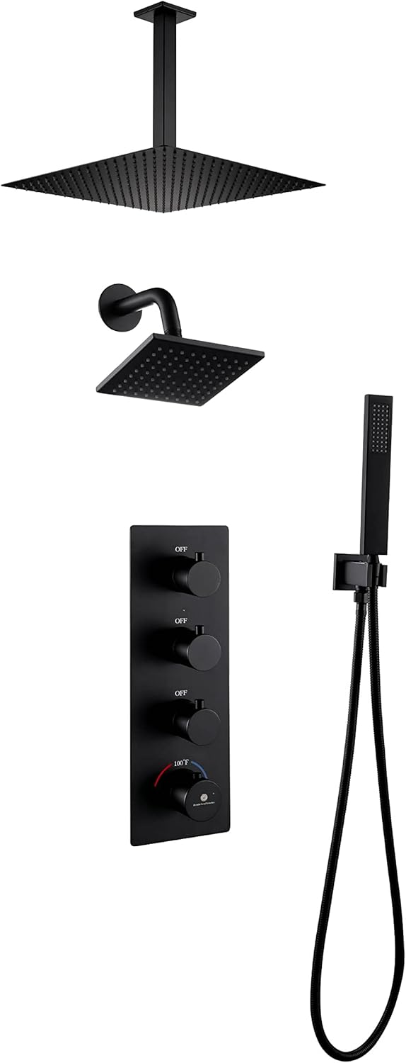 Matte Black 3 Function Thermostatic Faucet Set with Ceiling 16" Rain Shower Head, High Pressure 6", and Handheld Spray