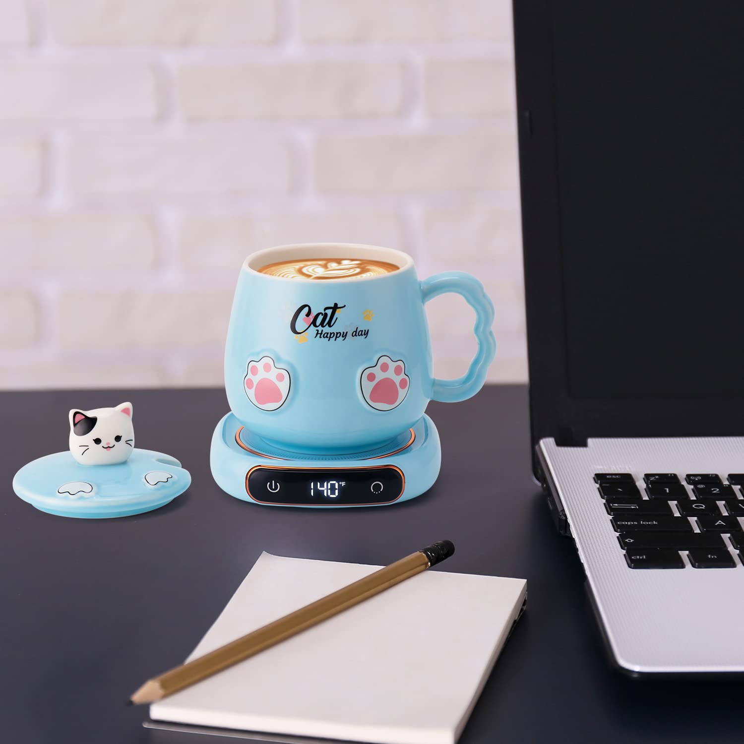 Bgbg - Juego de tazas de café y lindo para gatos, calentador de tazas de bebidas para computadora, oficina en casa con tres temperaturas de hasta 140 °F/60 °F, calentador de café para cacao, leche,