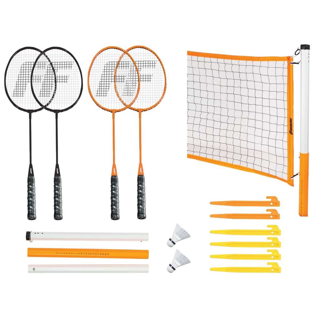Franklin Sports Zestawy do badmintona - przenośne siatki do badmintona + rakiety - trawnik podwórkowy + zestawy do badmintona plażowego z 4 stalowymi rakietami + (2) ptaki w zestawie - zestawy dla