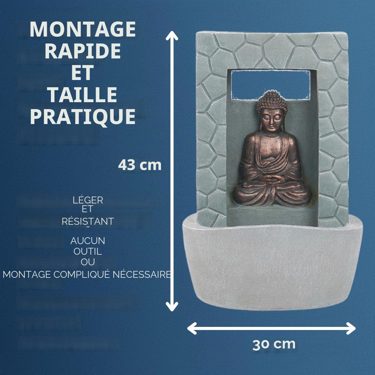 Festive Lights Fontaine solaire LED Bouddha - Gris - Aspect pierre - Fonctionnement solaire et USB - Pour l'intérieur et l'extérieur - 43 cm